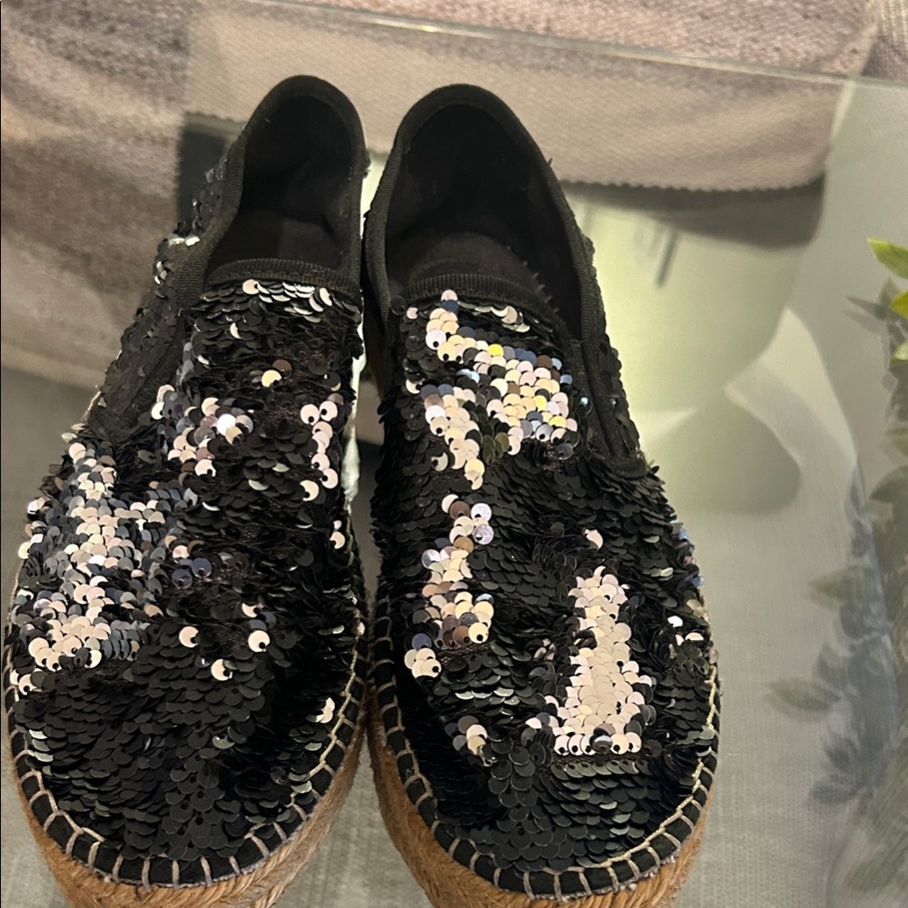 Black Sequin Espadrille Slip-On Flats made in Spain show stopper